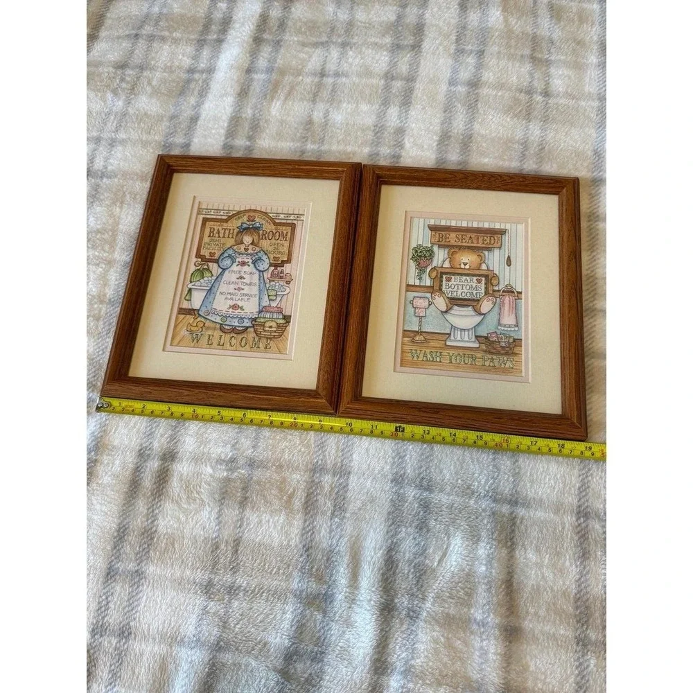 Vintage Country Bathroom Wall Art Set Framed Prints Farmhouse Decor Teddy Bear